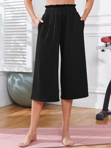 Women's Wide Leg Ruffle Yoga Capri Pants with Pockets